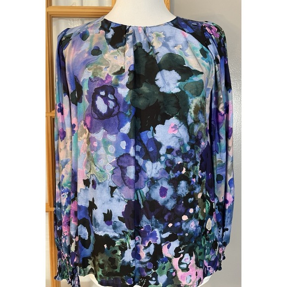 Desigual Tops - Disigual Floral Pleated Blouse S Blue Purple Long Sleeve Smocked Pullover Boho